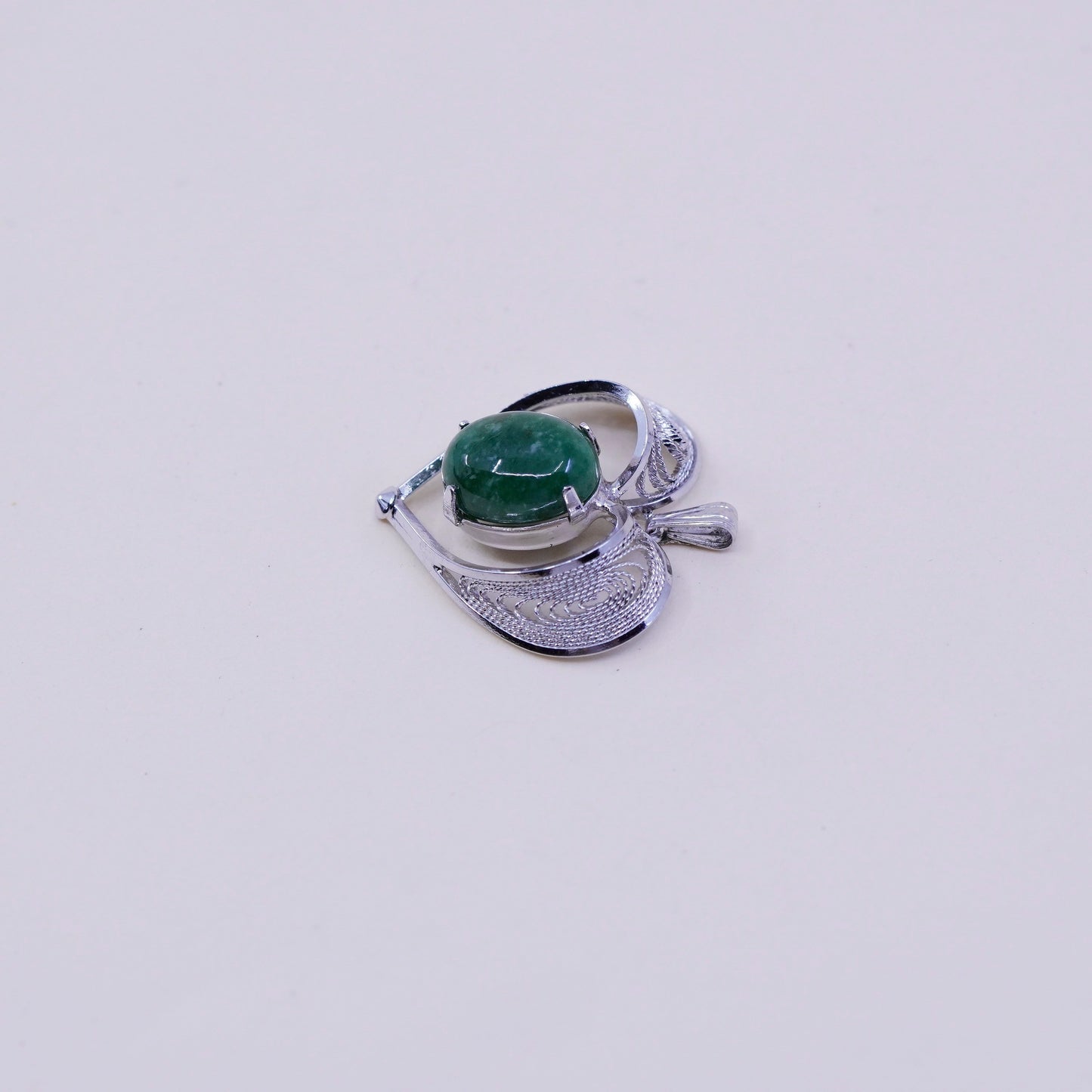 vintage sterling silver handmade pendant, 925 filigree heart with jade