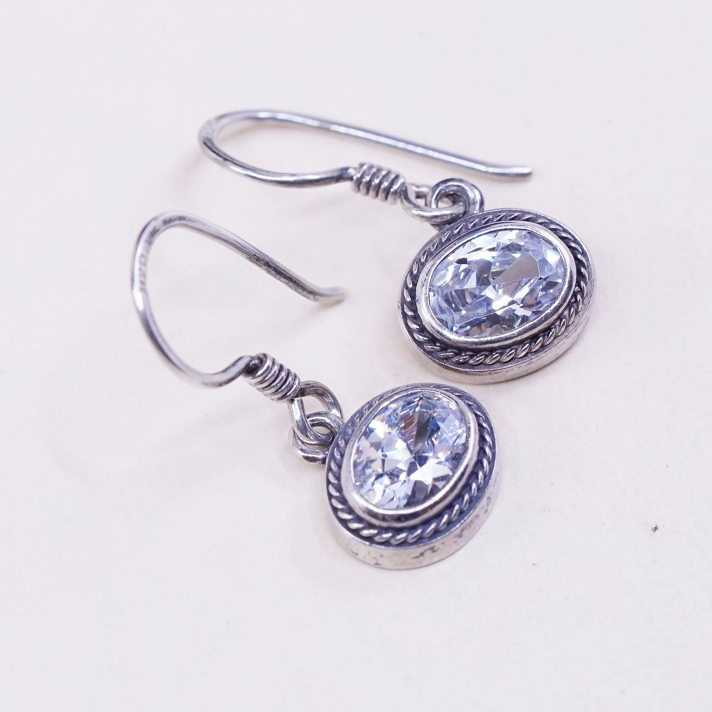 Vintage sterling silver handmade earrings, 925 silver with oval CZ, stamped 925
