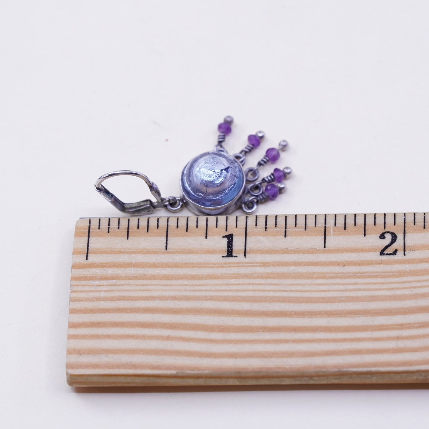 Sterling silver handmade earrings, 925 hooks with artisan glass and amethyst