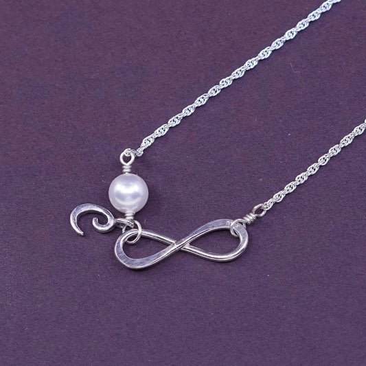 16”, vtg Sterling silver necklace, 925 Circle chain w/ pearl N infinity symbol