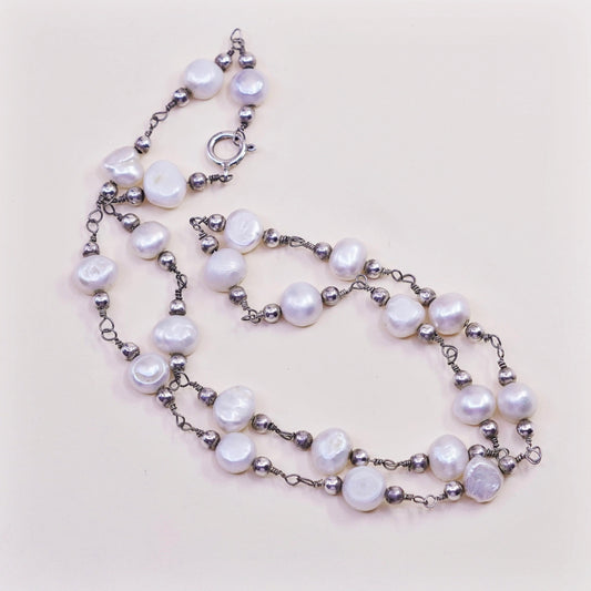 18”, Vintage handmade Sterling 925 silver necklace with pearl beads details