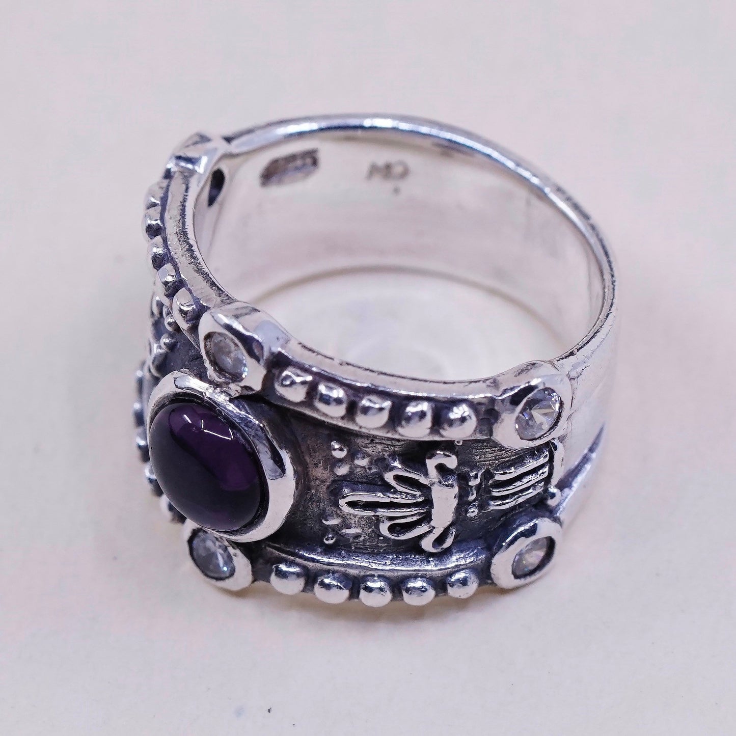 sz 6, sterling silver handmade statement ring, 925 wide band w/ amethyst and Cz