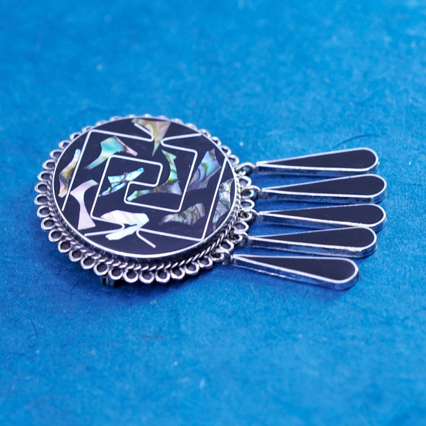 Vintage sterling 925 silver handmade brooch with abalone inlay and fringe