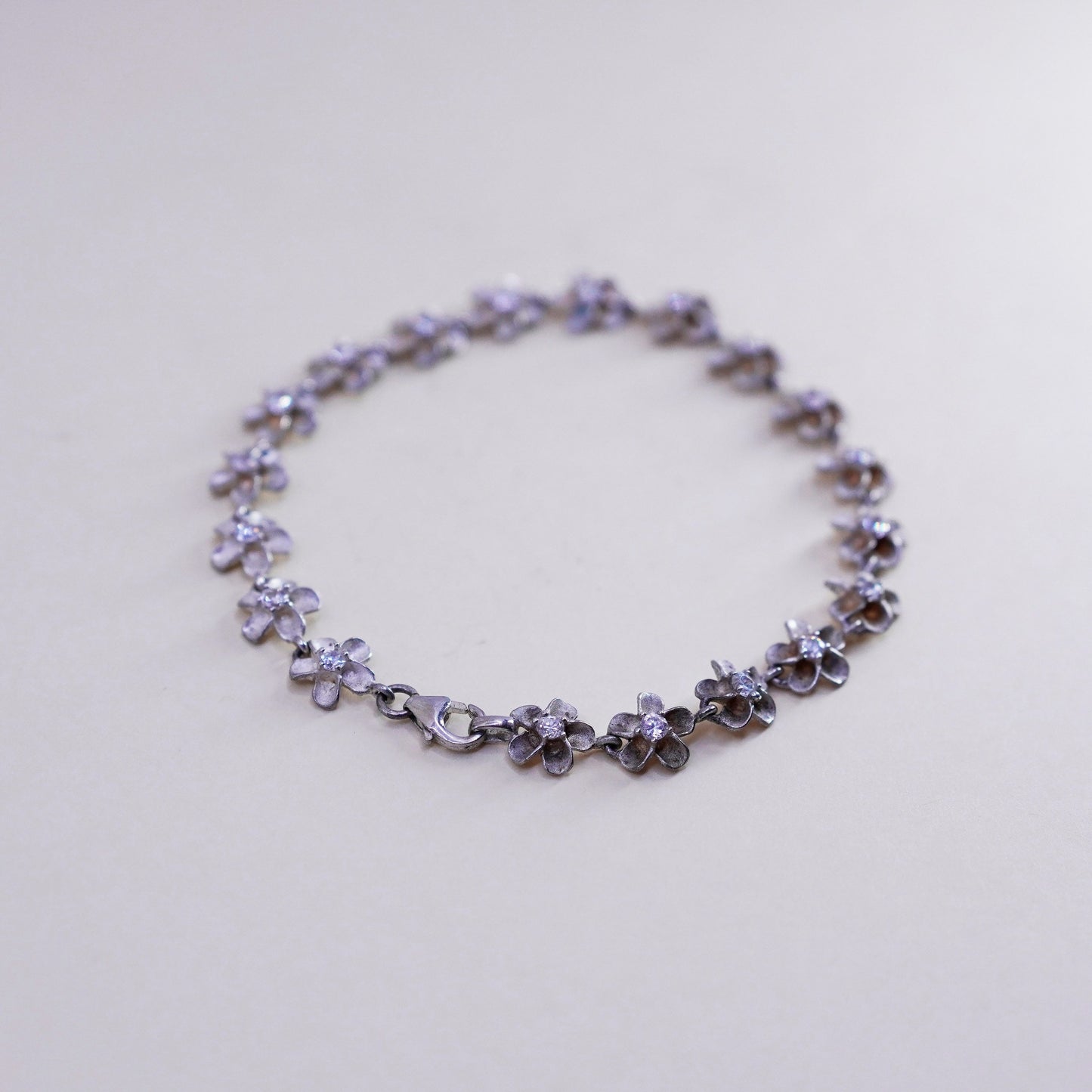 7.5”, sterling silver bracelet, 925 plumeria flowers with cz, handmade jewelry