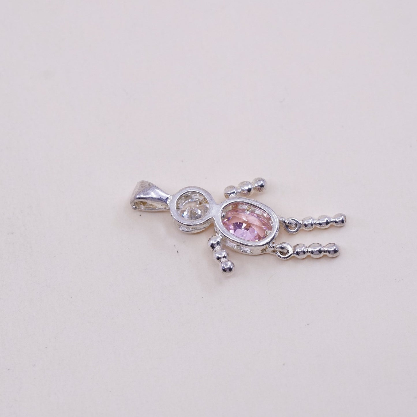 vtg sterling 925 silver birthstone handmade pendant w/ pink cz boy figure charm