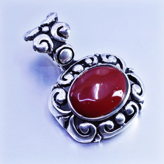 antique sterling 925 silver handmade Bali swirly pendant with red onyx