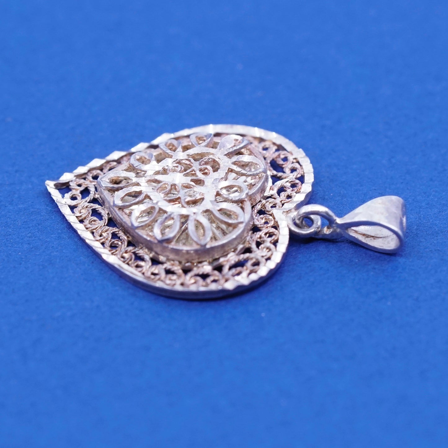 vtg Sterling silver handmade pendant, 925 puffy filigree heart