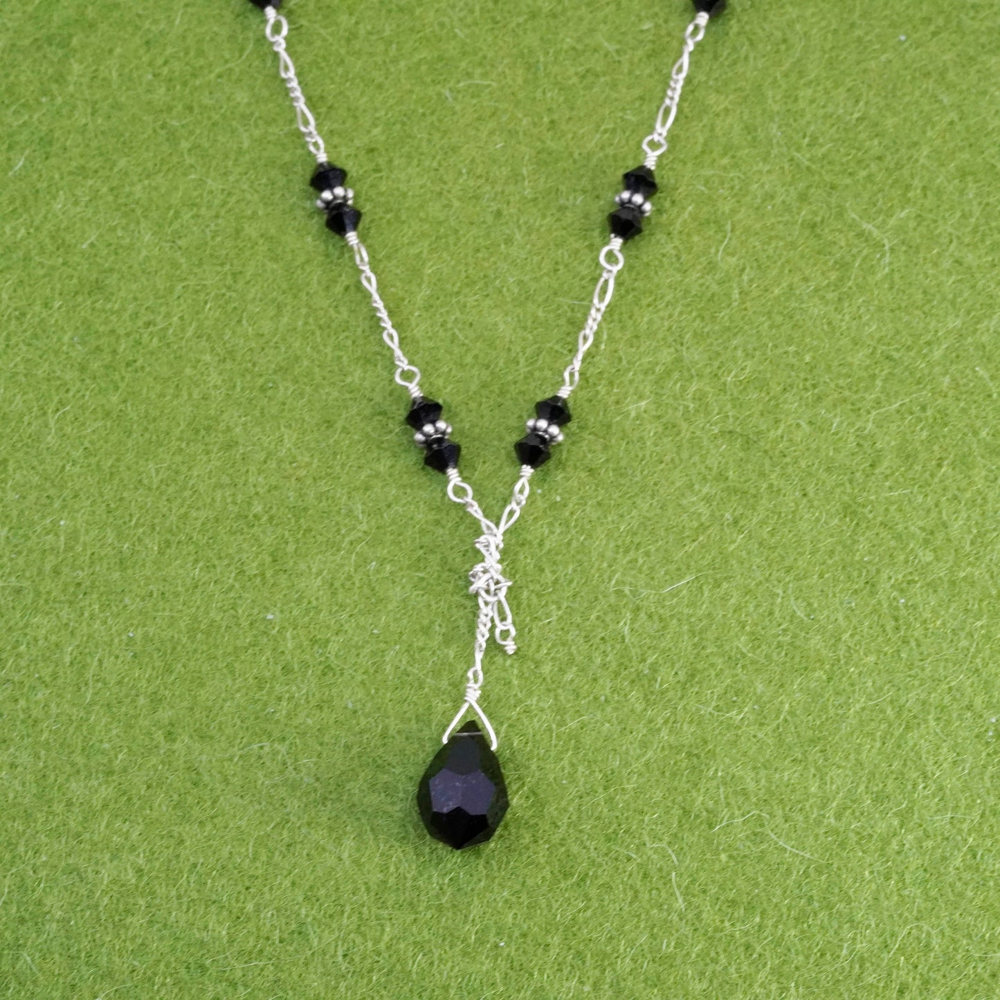 16+3”, sweater Sterling silver necklace, 925 figaro chain with obsidian beads