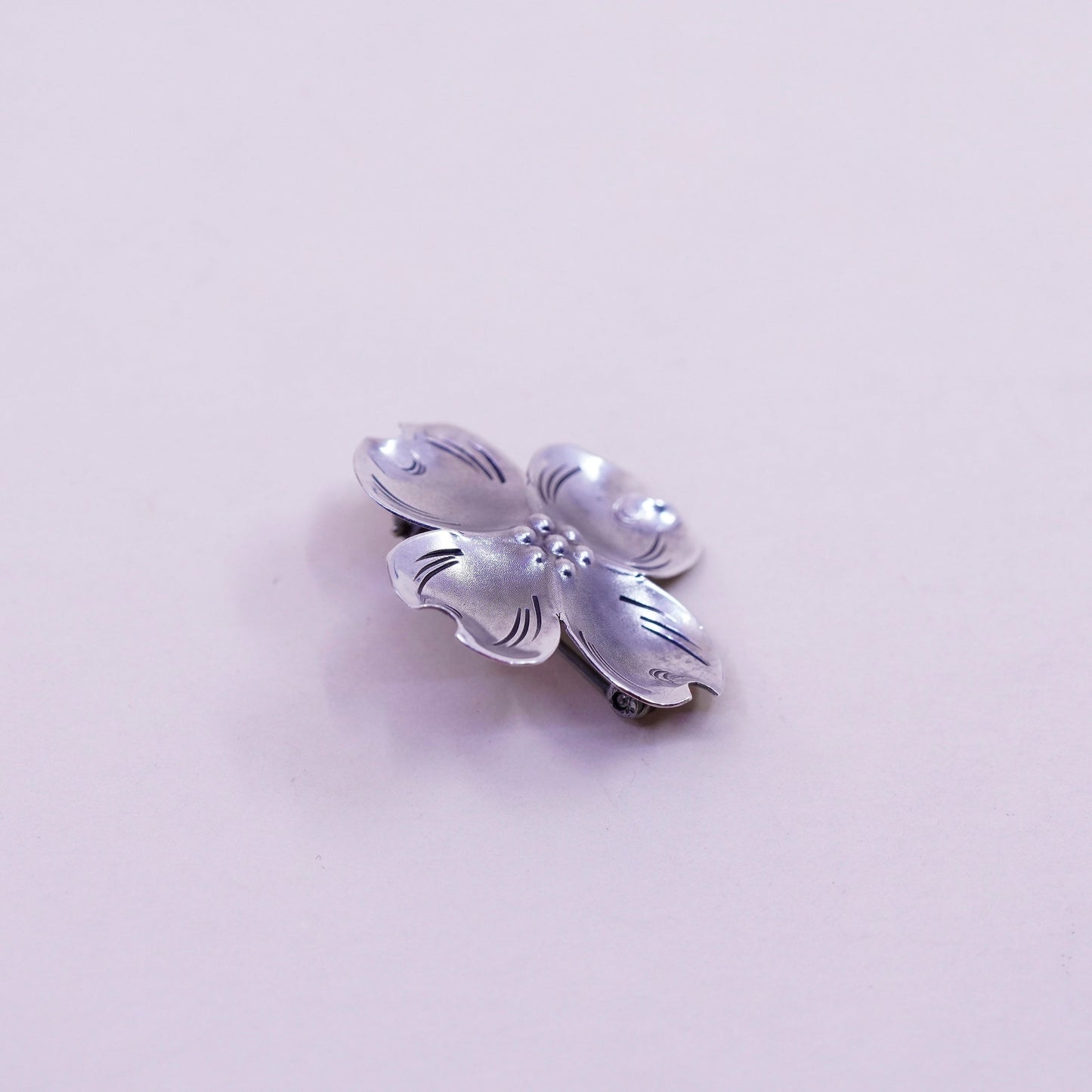 Vintage sterling silver dogwood flower shaped brooch, fine 925 silver brooch