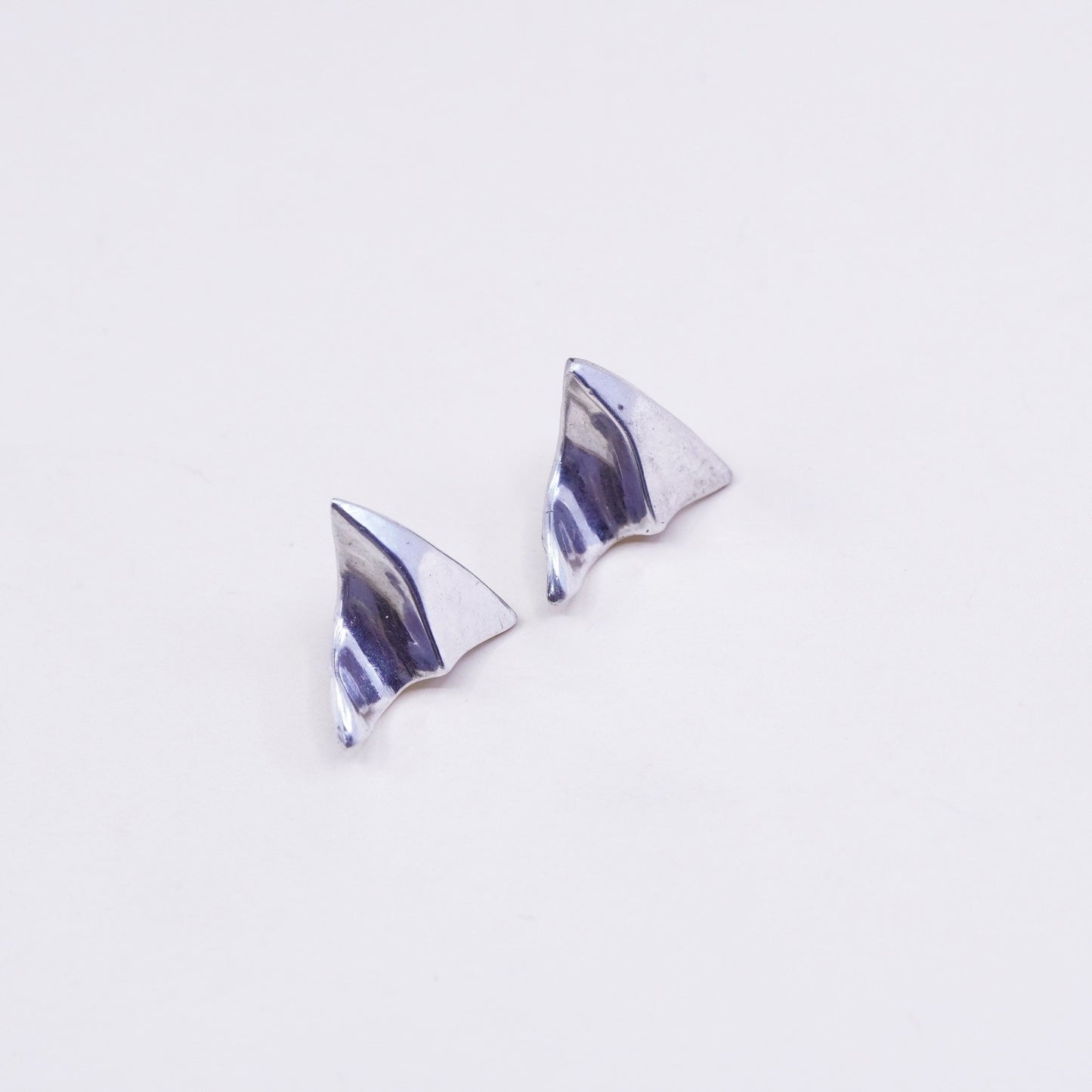 Vintage Sterling silver handmade earrings, 925 Ribbed origami studs