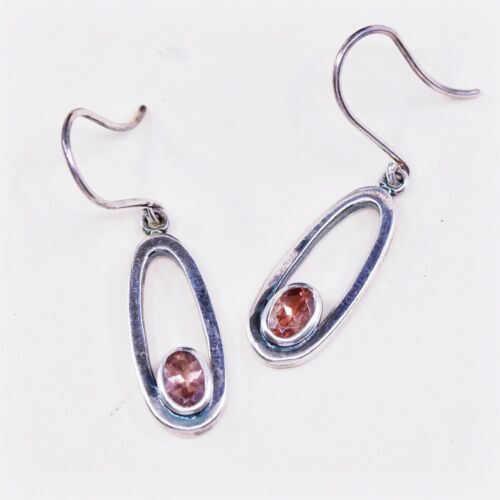 Vtg STERLING SILVER earrings with Pink Oval Cz dangles, stamped 925