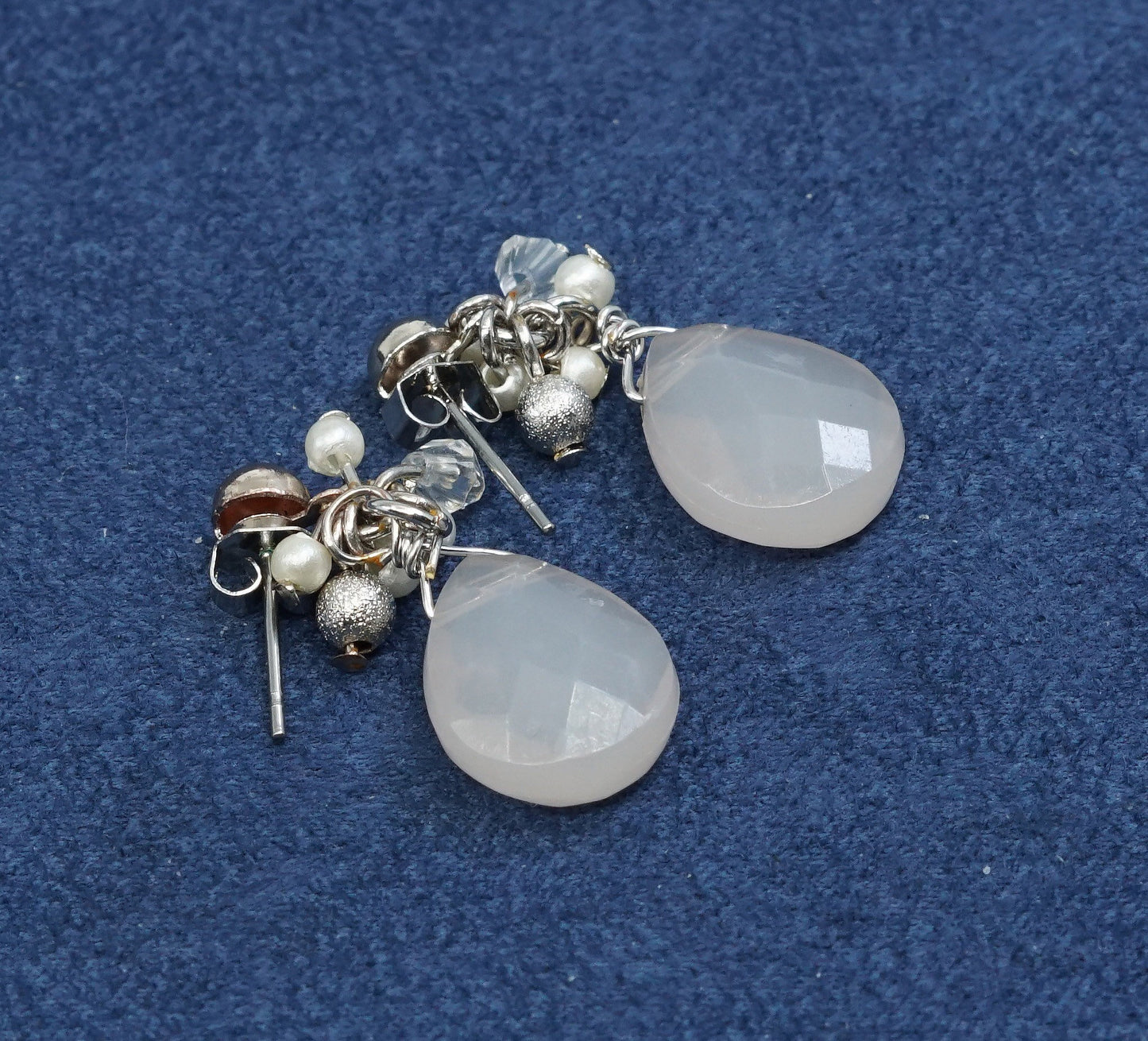 vtg sterling silver handmade earrings, 925 w/ pink quartz drop N pearl