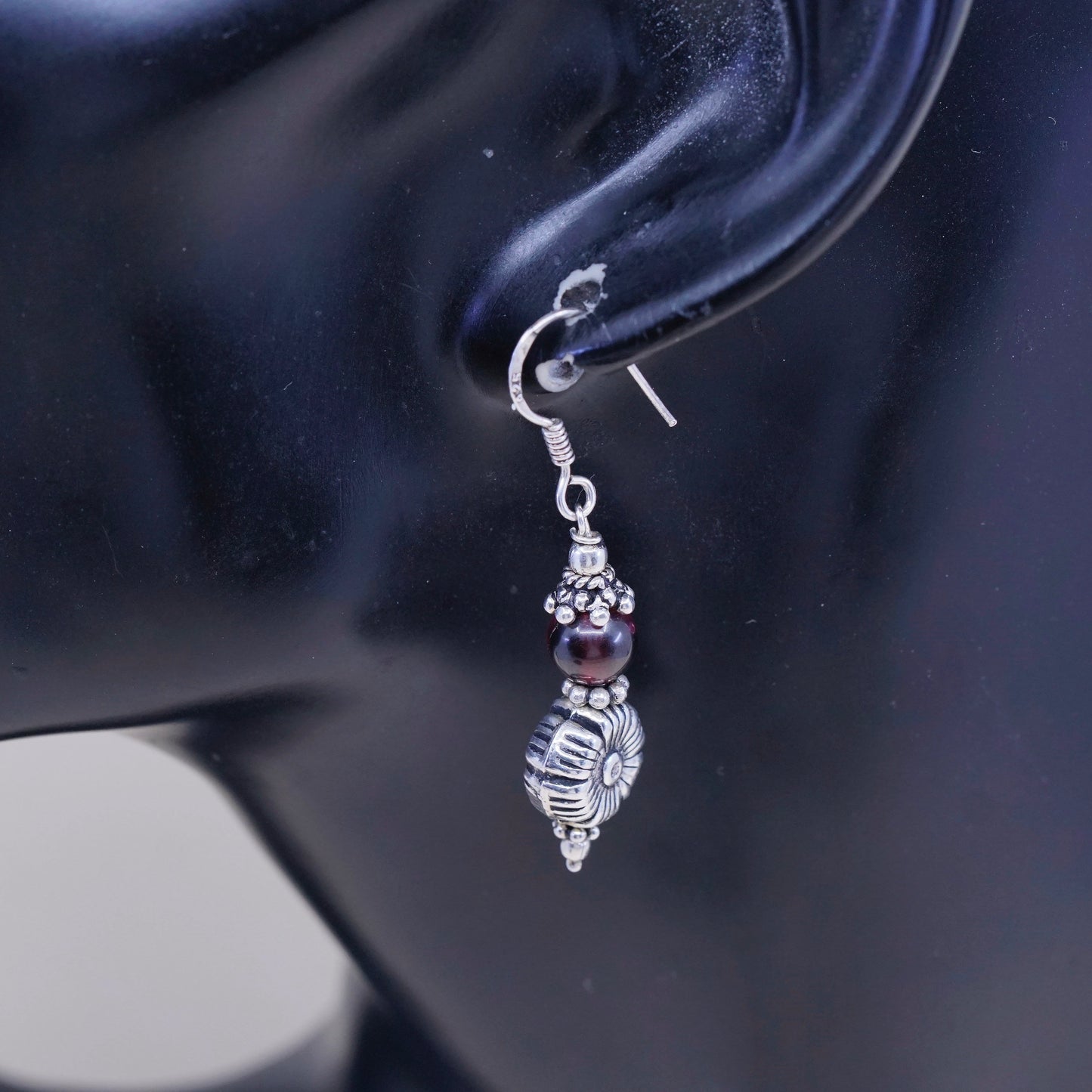 Vintage sterling silver flower earrings, 925 silver with garnet beads