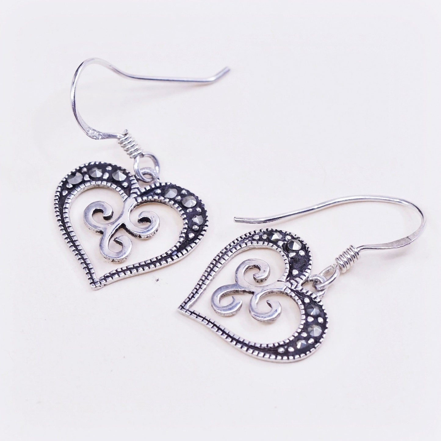 vtg Sterling silver handmade earrings, 925 swirly heart w/ Marcasite