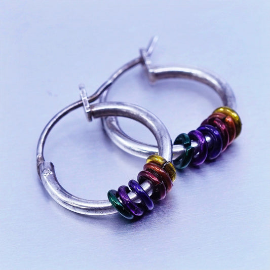 0.5”, Sterling silver handmade earrings, 925 Huggie hoops with colorful rings