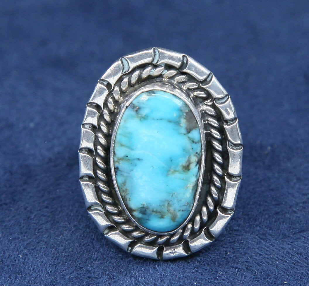 sz 6.25, vtg Sterling 925 silver ring w/ morenci turquoise, Native American