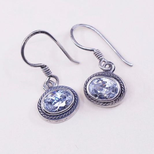 Vintage sterling silver handmade earrings, 925 silver with oval CZ, stamped 925