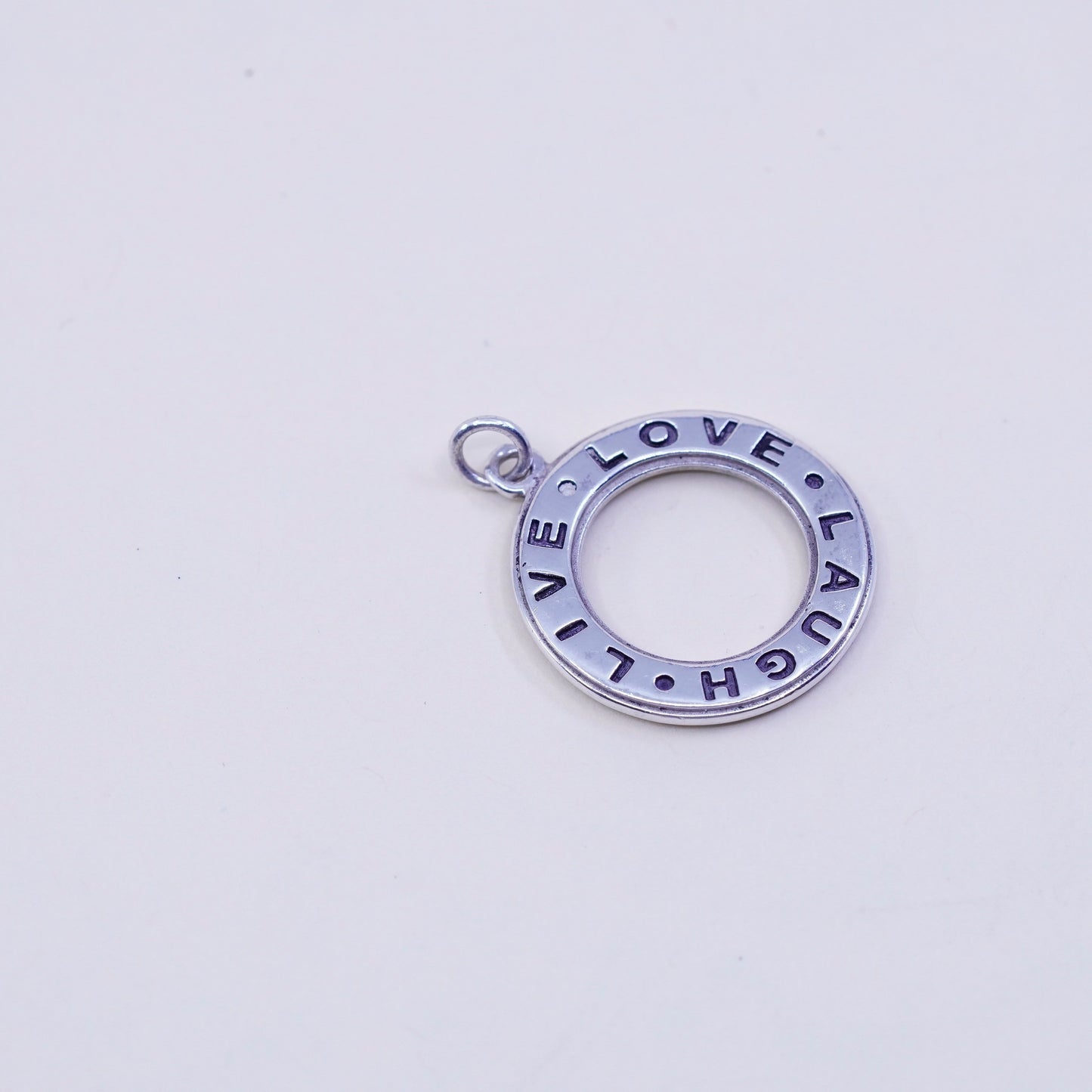 Vintage sterling silver handmade pendant, 925 circle embossed ”live love laugh”