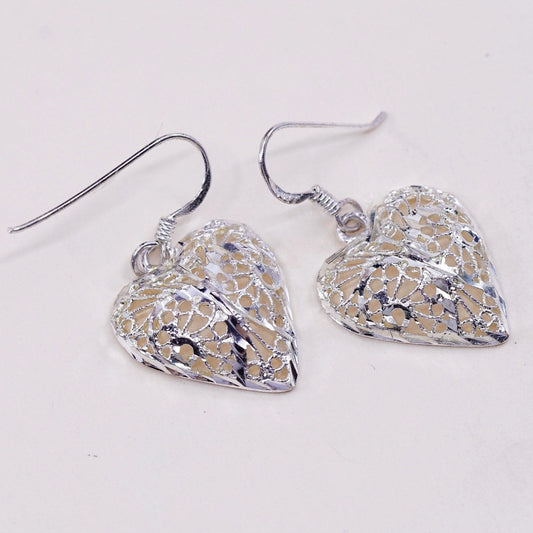 Vintage sterling silver handmade earrings, 925 filigree heart