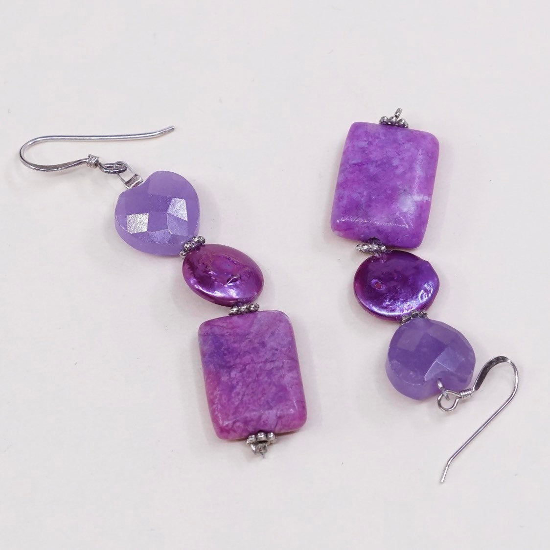 vtg sterling silver earrings, Mexico 925 w/ heart amethyst n agate