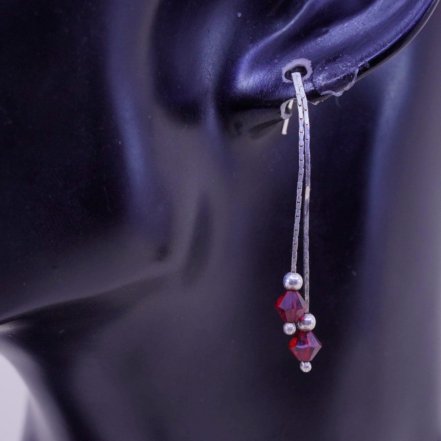 Vintage sterling silver handmade earrings, 925 fringe with ruby crystal beads