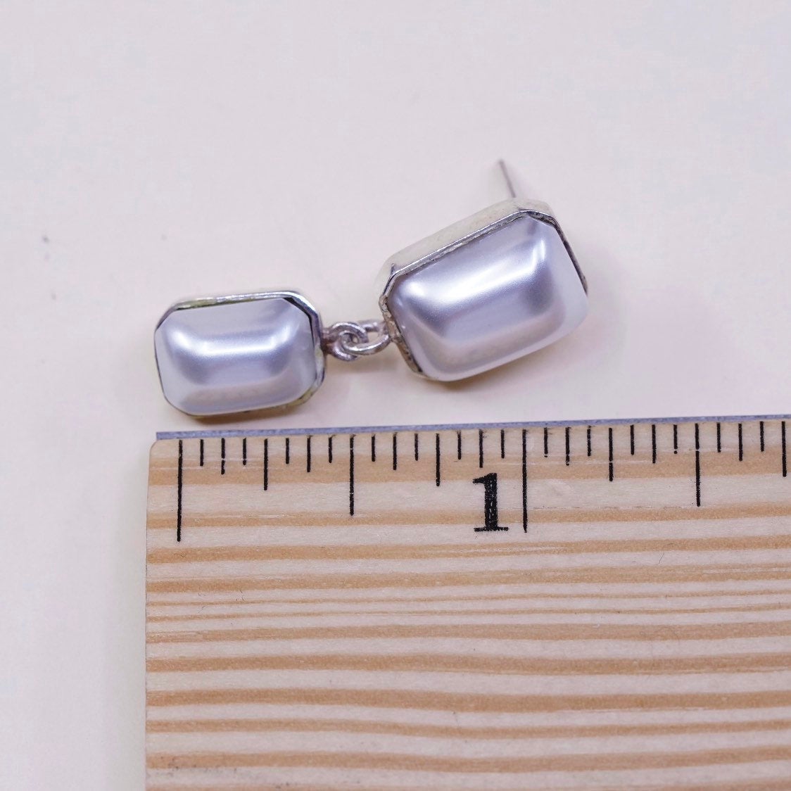 vtg JM Sterling silver handmade earrings, 925 w/ faux pearl drop
