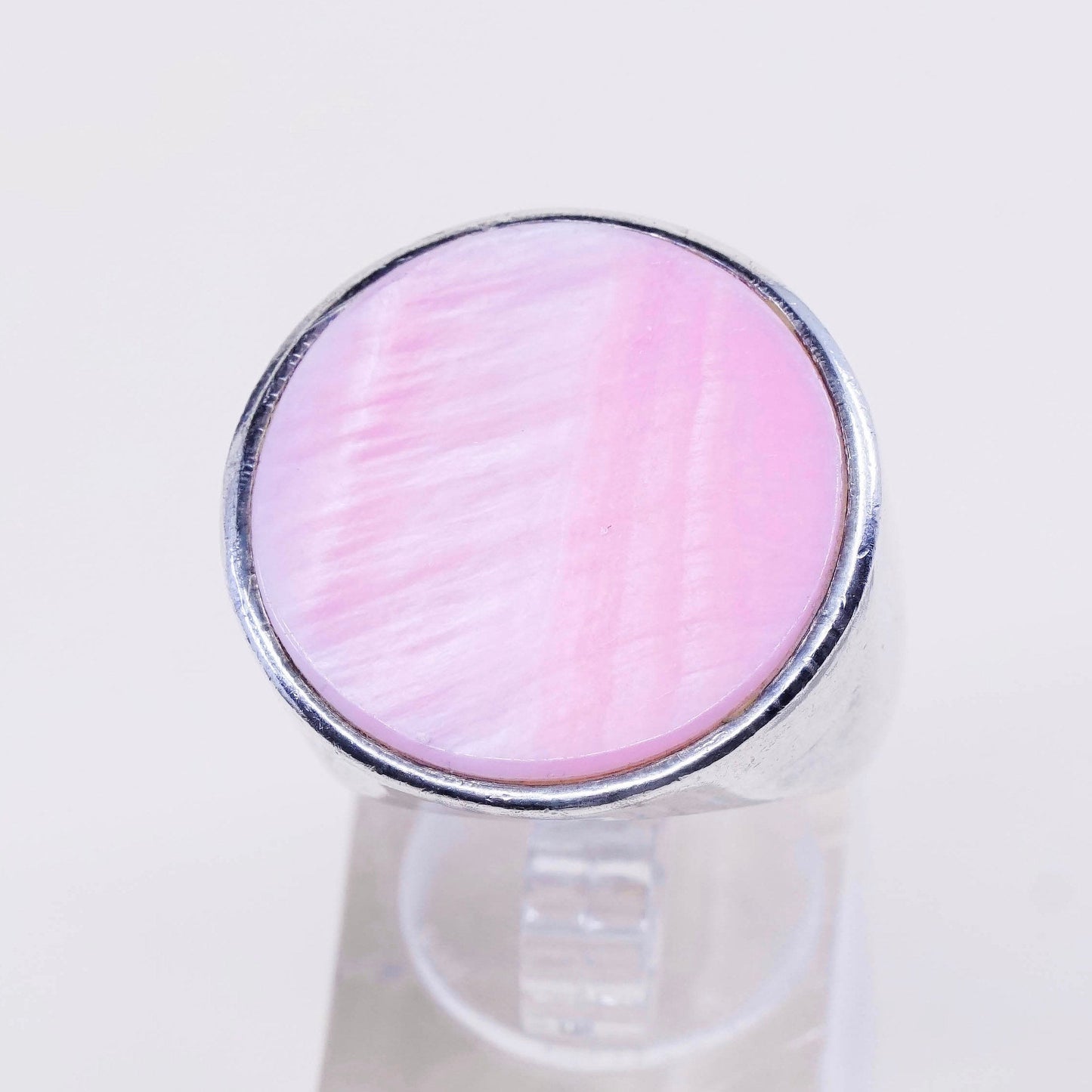 sz 7.25, mexico PB sterling silver handmade ring w/ round pink mother of pearl