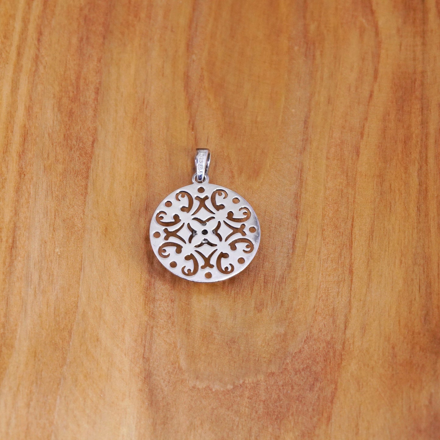 Vintage Sterling silver handmade pendant, 925 filigree circle with topaz