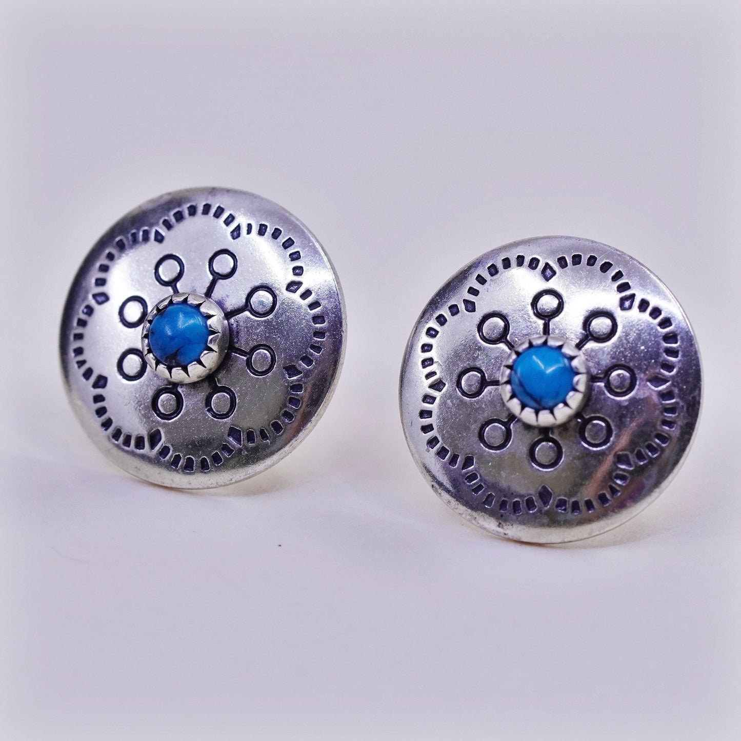 Vintage sterling silver handmade earrings, Mexico 925 round studs w/ turquoise