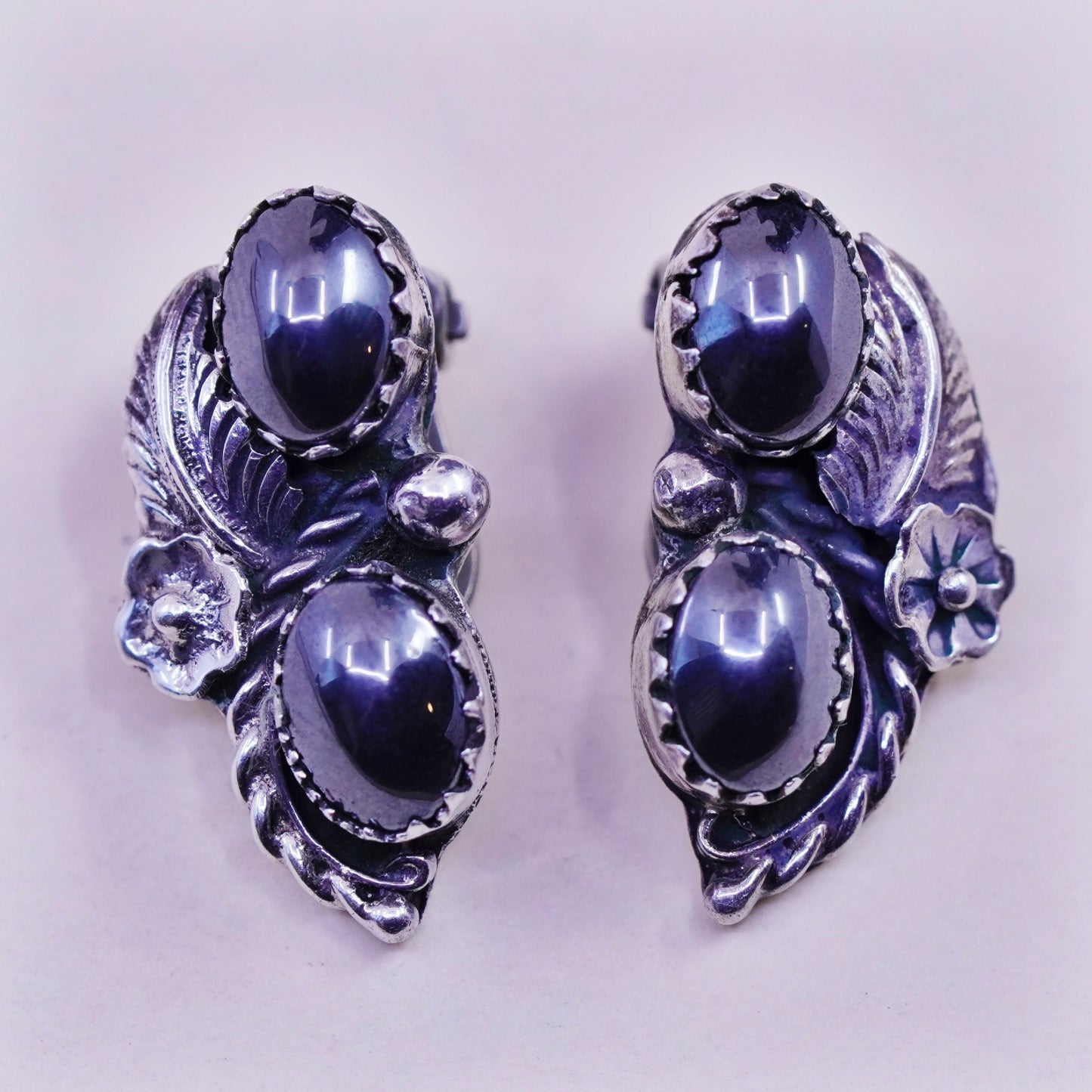 Vintage 925 Sterling silver handmade clip on leafy earrings with hematite