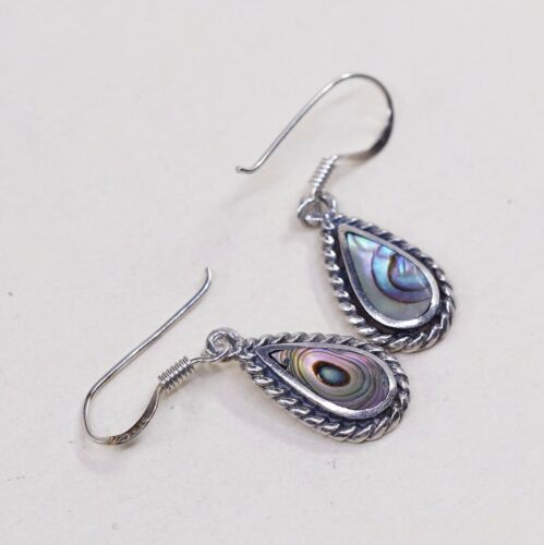 Vtg Sterling Silver Handmade Earrings, 925 Silver Drops W/ Teardrop abalone