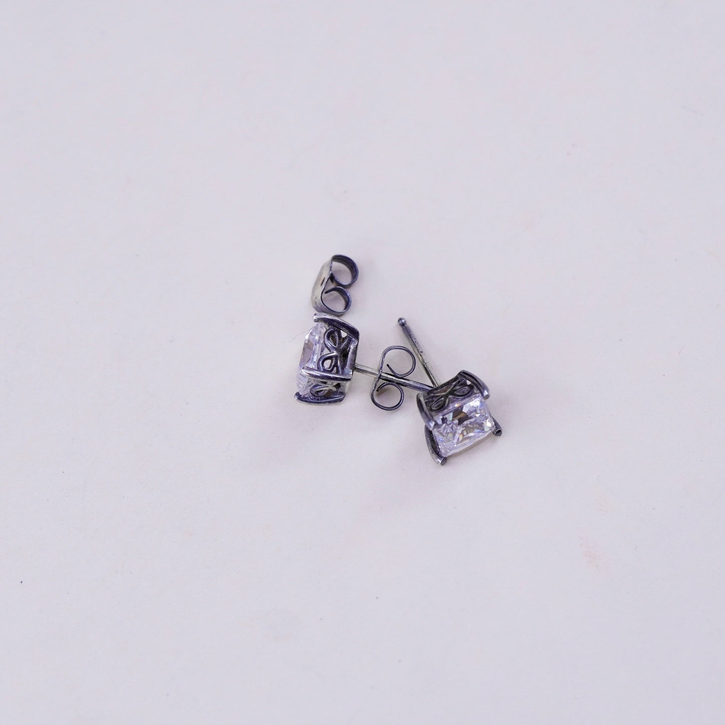 6mm, Vintage sterling silver genuine square cz studs, filigree earrings