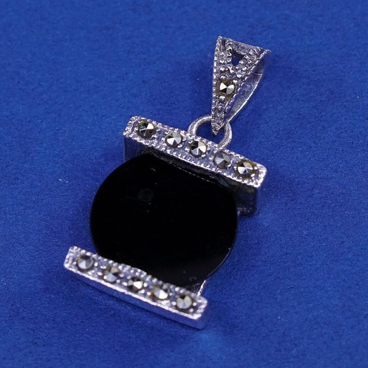 vtg sterling silver handmade pendant, 925 w/ obsidian N marcasite