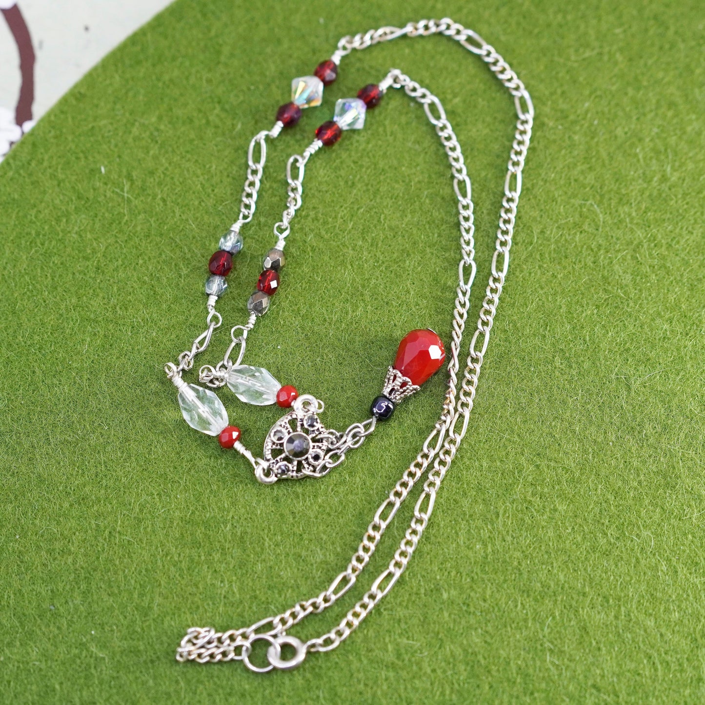 18”, sterling silver necklace, 925 figaro chain red teardrop glass pendant