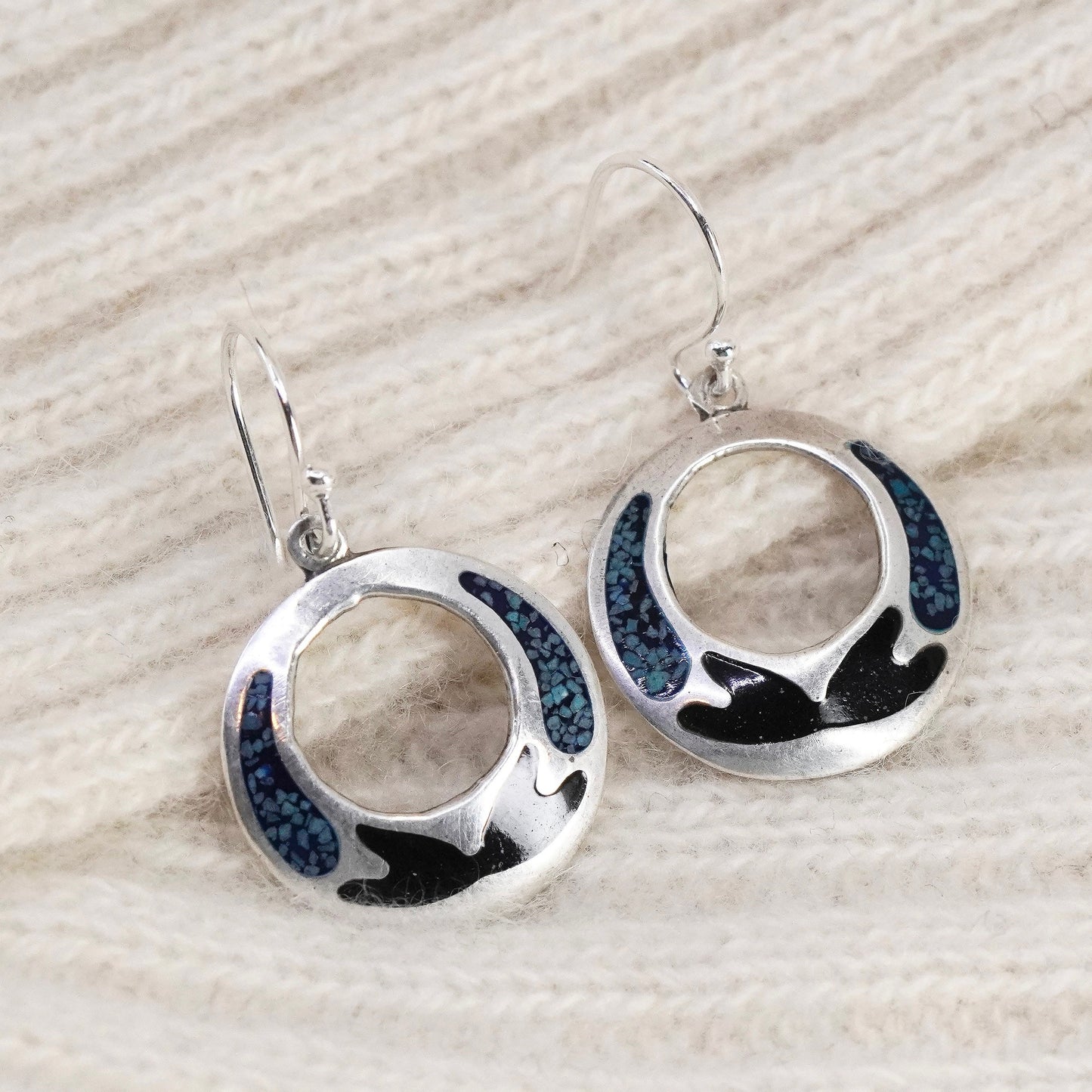 Vintage sterling silver handmade earrings, mexico 925 circle with turquoise