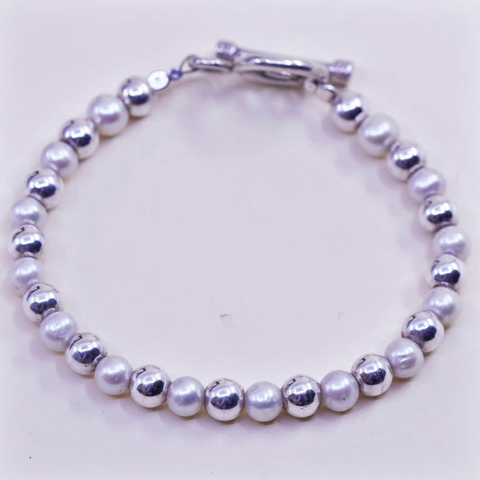 6.75”, Vintage handmade bracelet, pearl beads with 925 beads and toggle closure