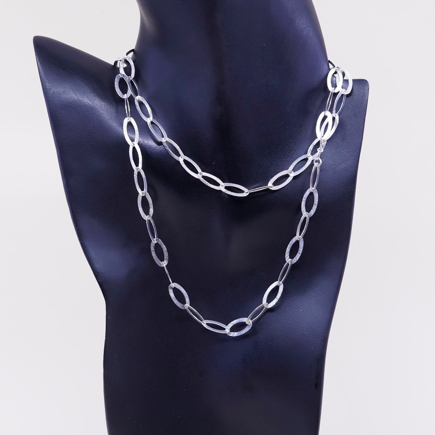 30”, KA 1772 sterling silver flatten textured oval chain, Italy 925 necklace