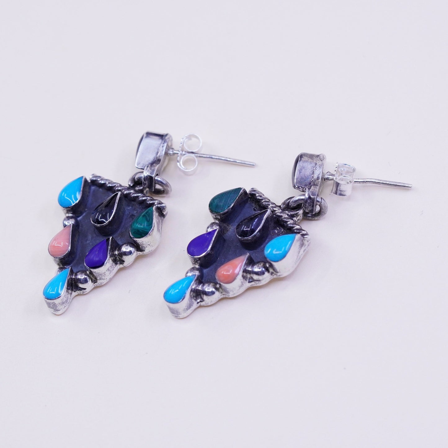 Vintage Sterling 925 silver handmade earrings with onyx, coral and malachite, stamped 925 mexico TJ-51