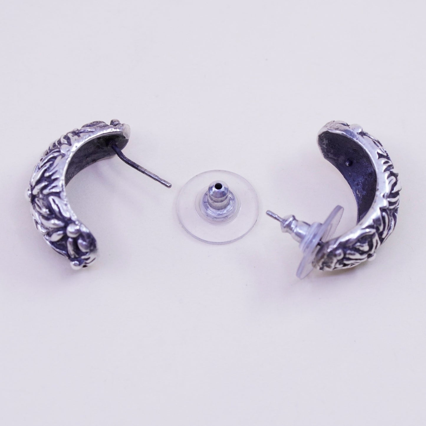 Vintage sterling silver handmade huggie studs, filigree 925 floral earrings