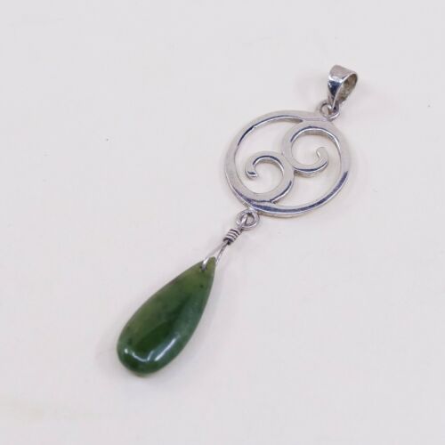 Vtg Sterling Silver Handmade Swirl Pendant w/ Teardrop jade, Stamped 925