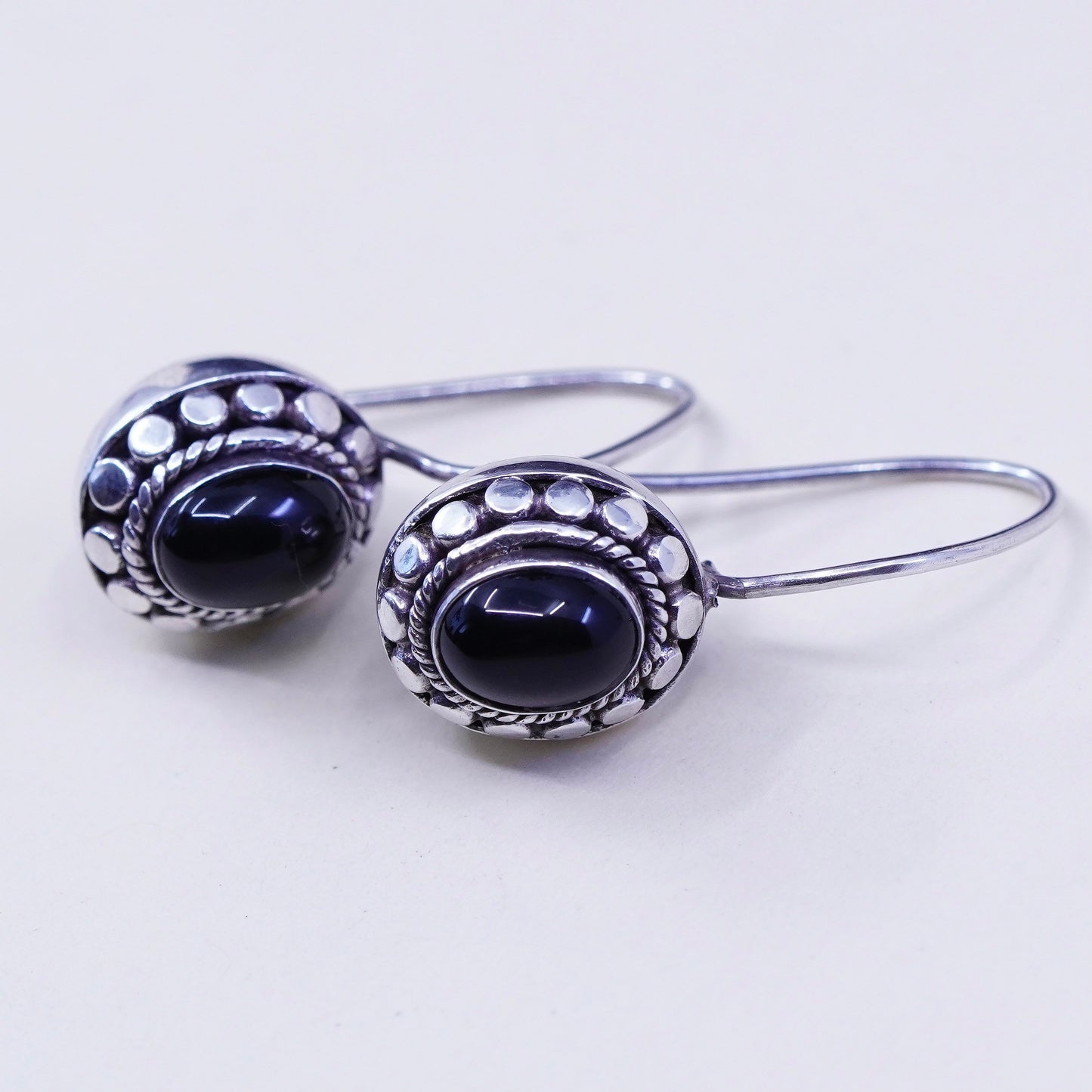 Vintage Sterling 925 silver handmade earrings with oval obsidian drops, elegant