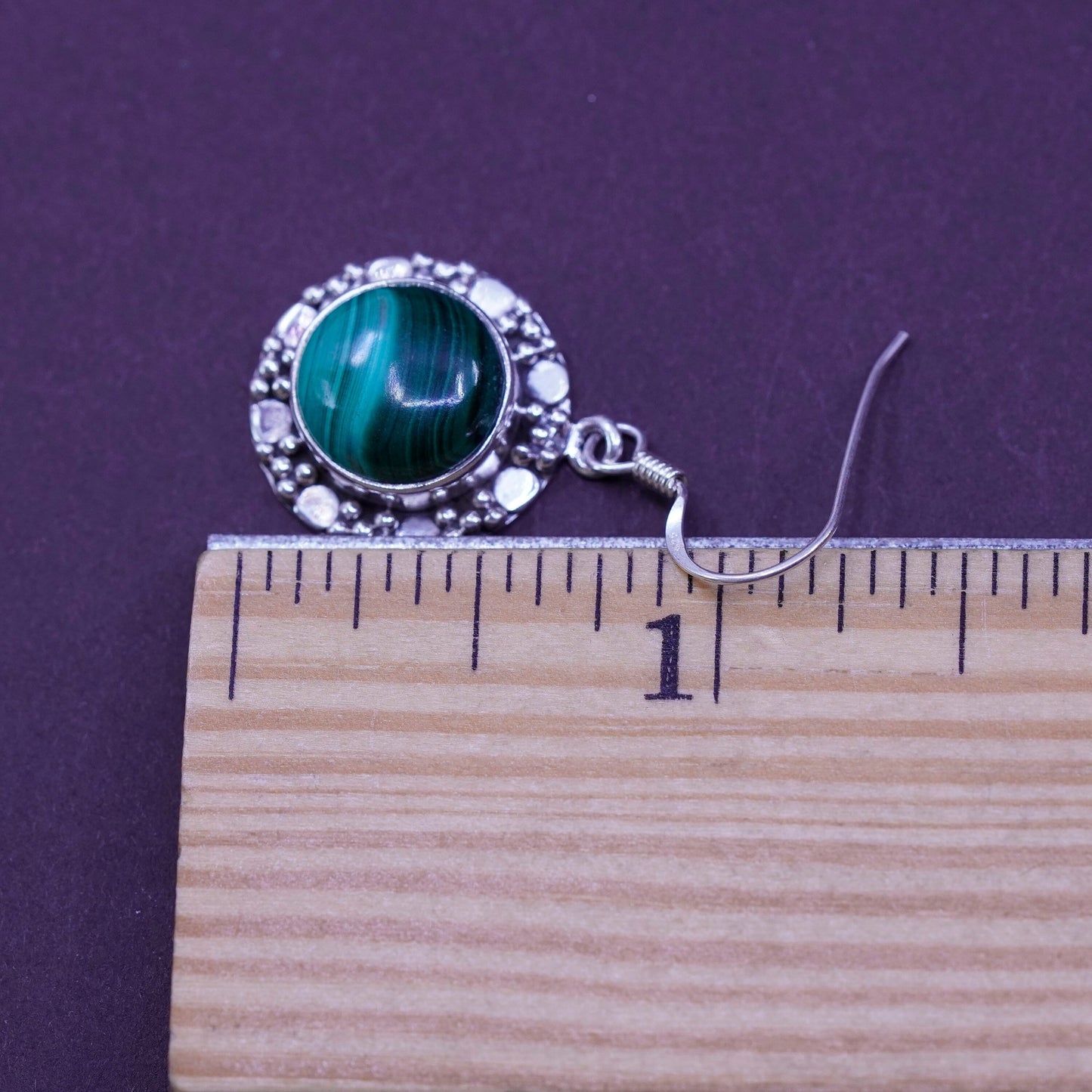 Vintage Sterling 925 silver handmade earrings with round malachite and beads
