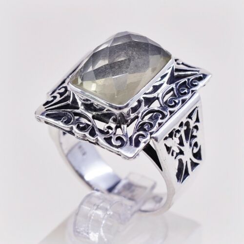 Sz 9, Vtg Sterling Silver Handmade Ring, 925 W/ Checker Cut Chalcedony Aqua