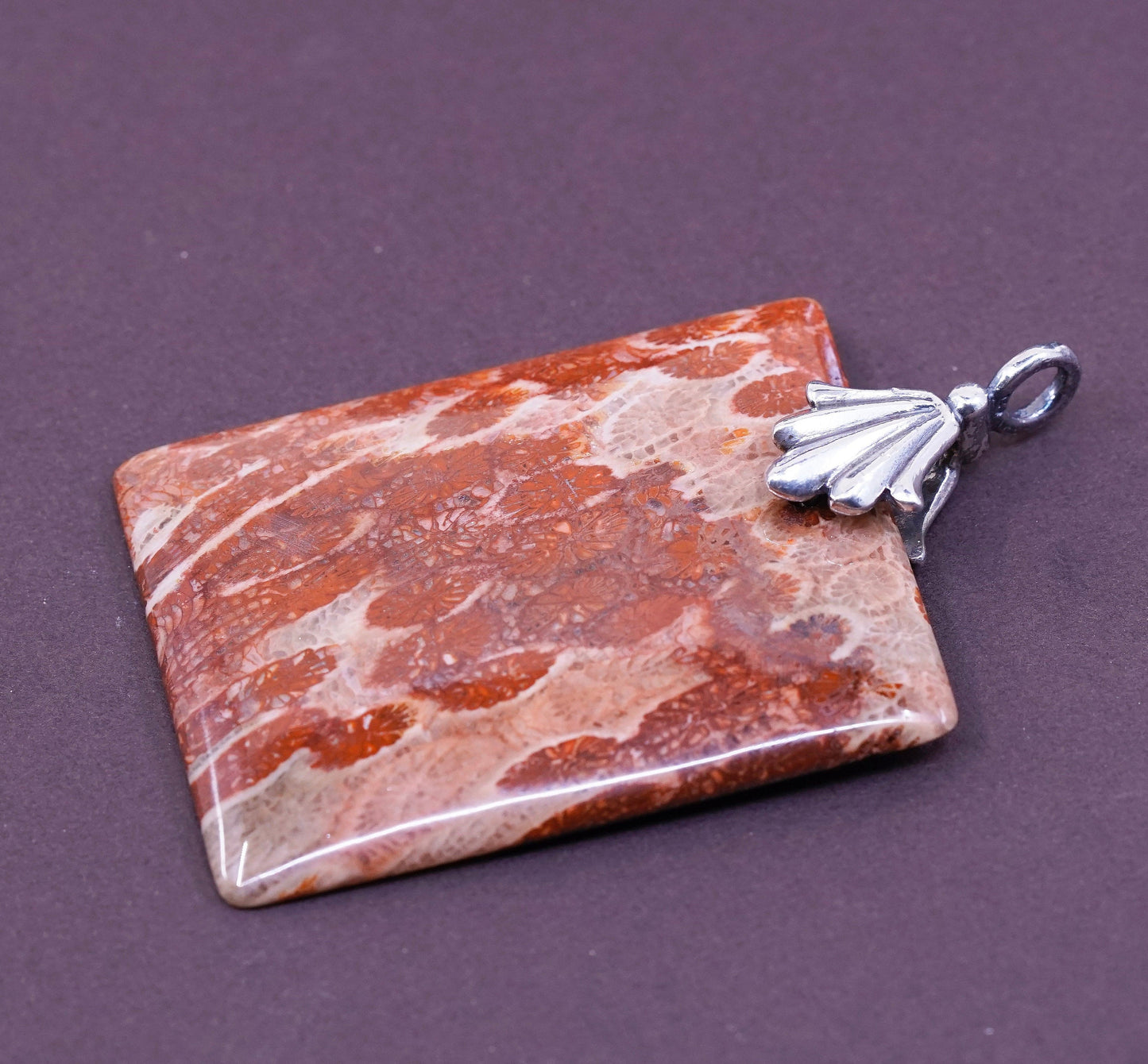 vtg Sterling silver handmade pendant, 925 with rectangular red coral
