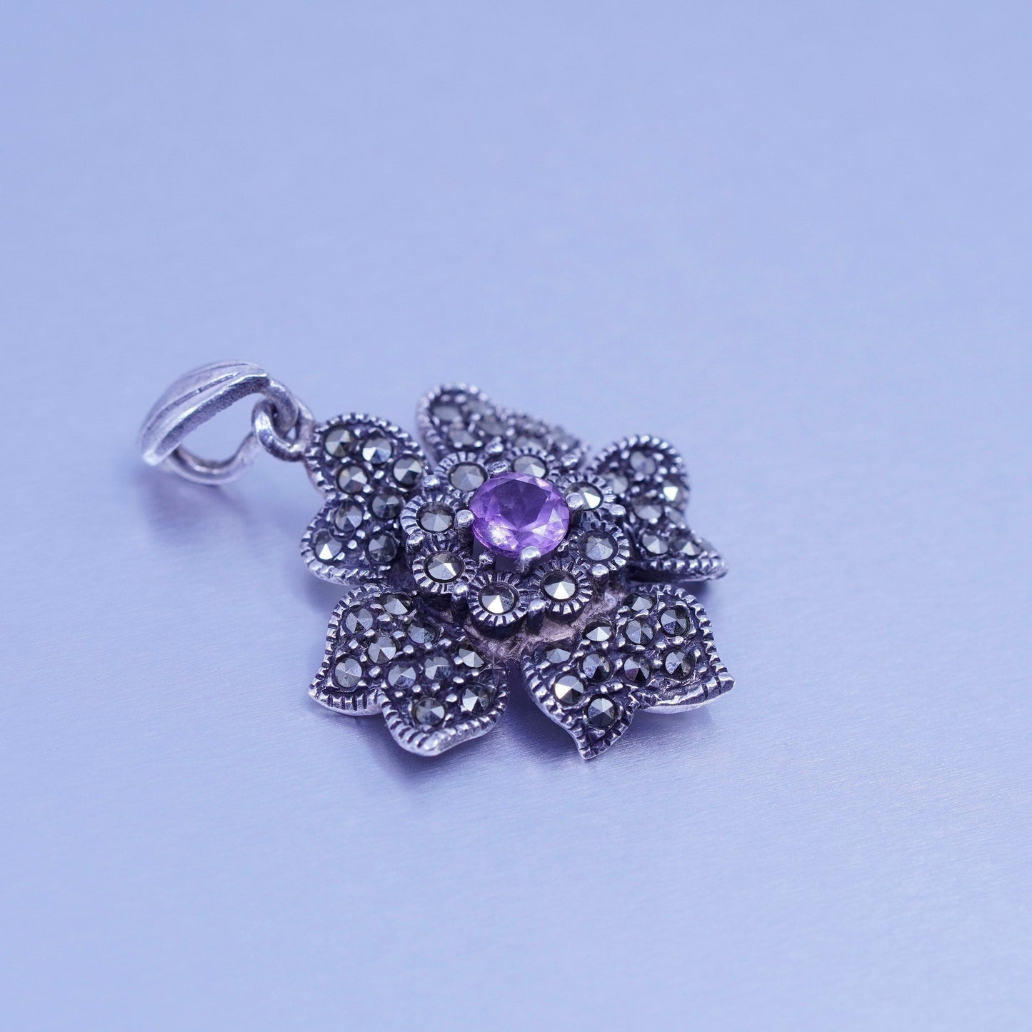 Antique Sterling silver handmade charm, 925 flower pendant Marcasite amethyst