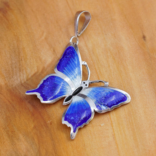 Vintage ramirez 980 Sterling silver handmade pendant, 980 butterfly blue enamel