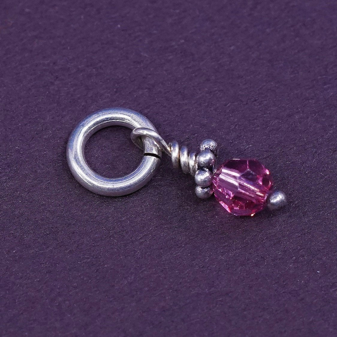 vtg sterling silver handmade pendant, 925 charm w/ pink crystal