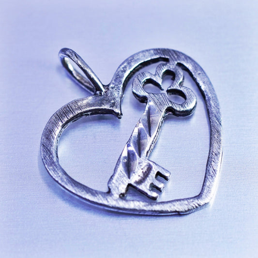 antique sterling 925 silver heart pendant with key inside