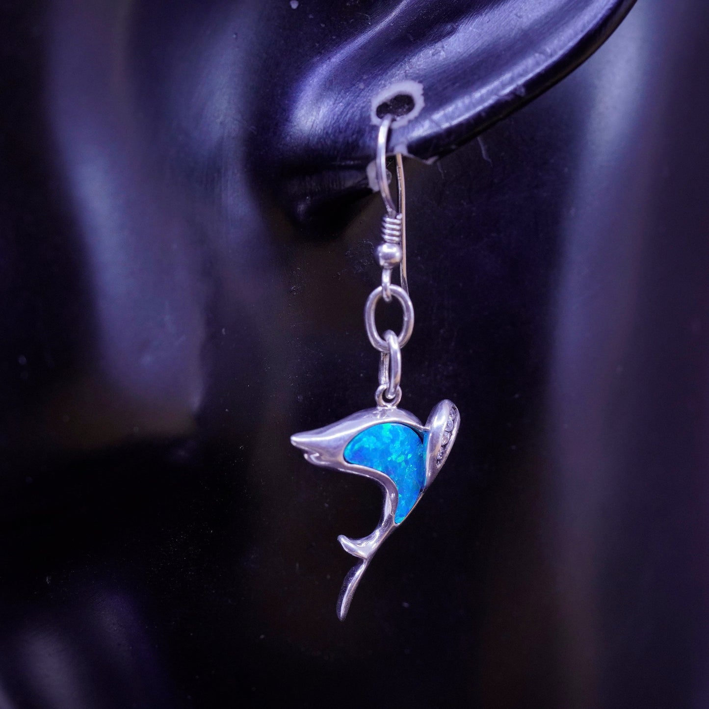 Vintage Sterling 925 silver handmade dolphin earrings with opal inlay