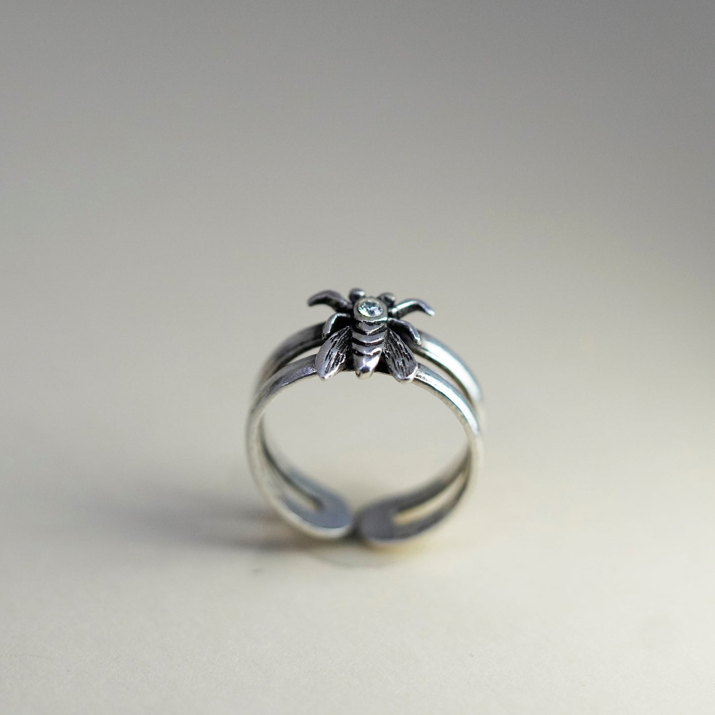 Size 1.5, Vintage sterling 925 silver handmade bee pinky ring with cz